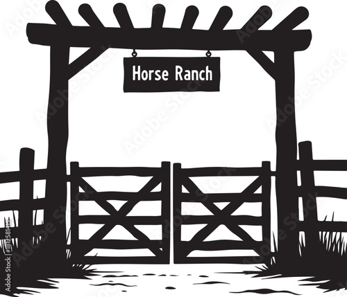 Black silhouette of a horse ranch entrance with wooden gates
