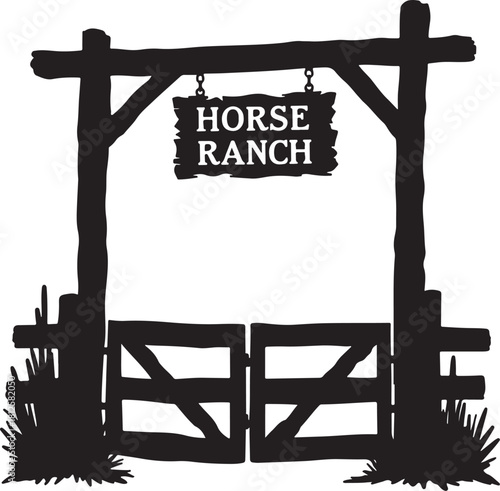 Black silhouette of a wooden ranch gate with sign horse ranch