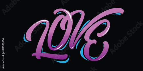 Love Vector Lettering and Typography Design Vibrant Purple Script Text with Shadow Effect on Black Background for Romance, Valentine's Day, and Modern Graphic Art