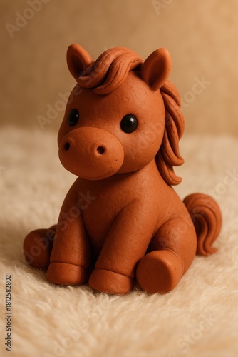 Brown Cute Pony Sitting, Soft Toy Style, 3D