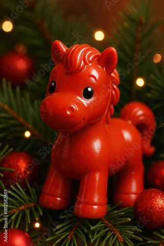 Red Kawaii Horse Under Christmas Tree, 3D Render