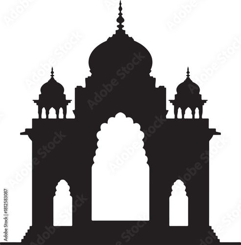 Black silhouette of an ornate Indian gateway with domes
