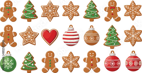 Christmas gingerbread cookies set, festive holiday sweets, Christmas tree, snowflake, ornaments, heart cookie, cute winter dessert illustration vector