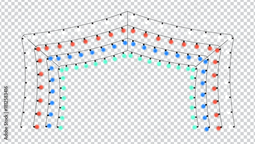 Festive archway decorated with colorful lights and confetti