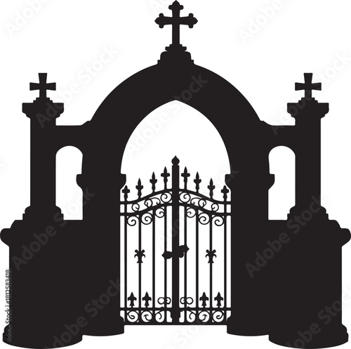 Black silhouette of ornate cemetery gate with crosses
