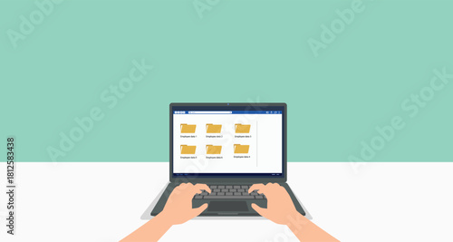 Employee data folder laptop screen hand typing office table