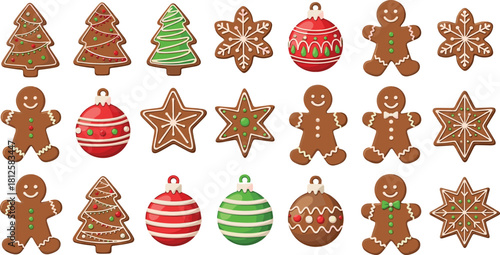 Colorful gingerbread cookies, Christmas tree shapes, festive stars, holiday ornaments and gingerbread men arranged in decorative Christmas cookie collection illustration
