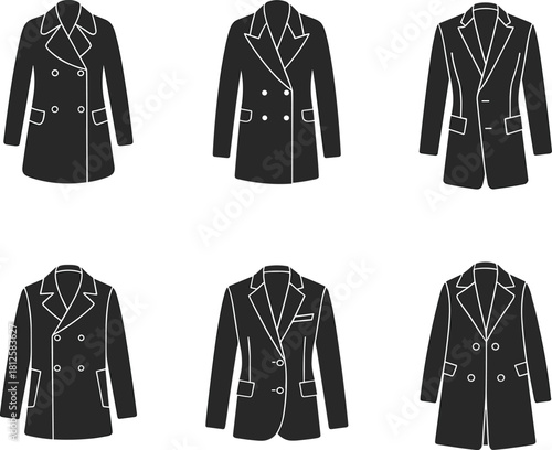 Women’s coat silhouettes, fashion design, outerwear styles, black vector icons, wardrobe variety, stylish apparel, garment comparison, flat vector illustration