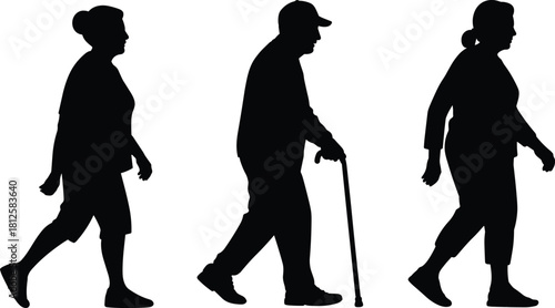 Walking silhouettes, diverse mobility, cane user, human movement, posture variation, black figures, age diversity, street walk, flat vector illustration