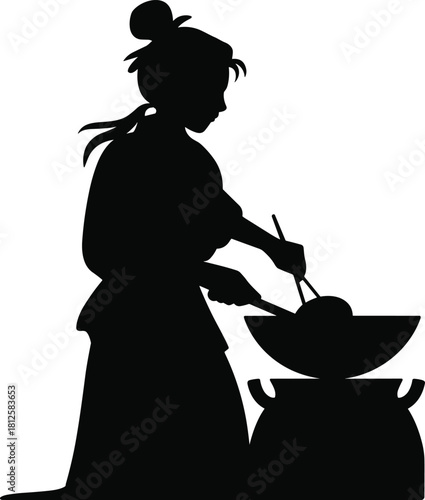 Cooking silhouette, person with wok, culinary action, kitchen scene, black figure, bun hairstyle, food preparation, flat vector illustration
