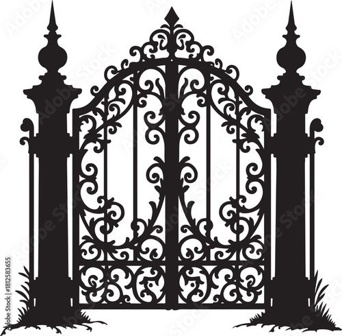 Black silhouette ornate wrought iron gate with pillars