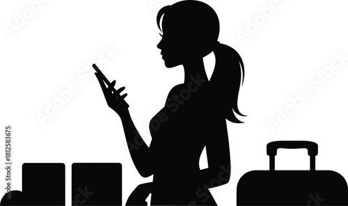 Traveler silhouette, smartphone use, luggage scene, ponytail hairstyle, waiting posture, black figure, travel icon, flat vector illustration, airport moment