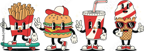 Cute fast food characters, cartoon burger, fries, drink, ice cream mascots, fun playful illustration, kawaii snack vector artwork