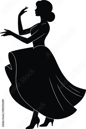 Dancing woman silhouette, elegant pose, flowing dress, classical dance, graceful motion, high heels, bun hairstyle, black figure, flat vector illustration