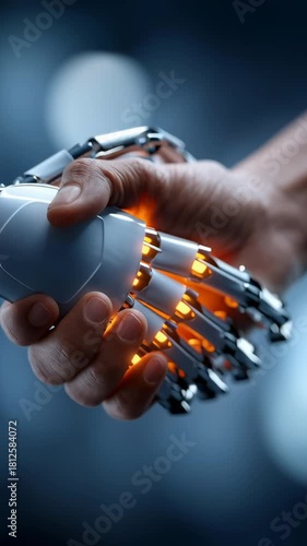 A robot hand is shaking a human hand. The robot is made of metal and has a glowing orange light on its thumb. Concept of technology and human interaction