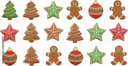 Gingerbread Christmas cookies collection with festive stars, trees, ornaments, gingerbread men and holiday decorations, colorful icing designs for seasonal celebrations