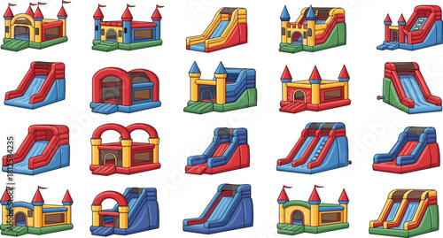 Inflatable bounce house set, colorful water slides, kids playground castles, jumping fun structures, amusement park inflatables, cartoon vector illustration