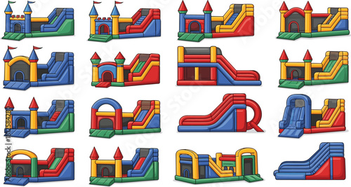 Set of colorful inflatable bouncy castles and slides for children party playground and carnival vector illustration.