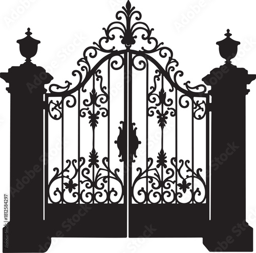 Ornate black wrought iron gate with decorative scrolls and urns