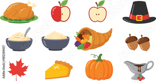 Thanksgiving food illustration set with turkey, pumpkin pie, mashed potatoes, harvest cornucopia, autumn leaves, apples, acorns, gravy, holiday elements, celebration