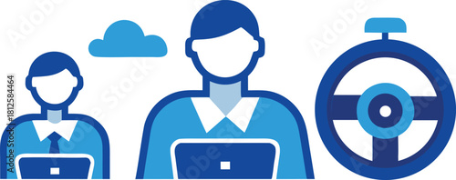 Business people icons with laptop cloud and stopwatch on white background Keywords: business, people, icon, laptop, cloud, stopwatch, time