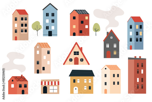 Cute houses, city buildings in Scandinavian style. Flat vector illustration isolated on white background