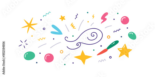 Colorful Hand Drawn Abstract Shapes and Stars on White Background blue celebration