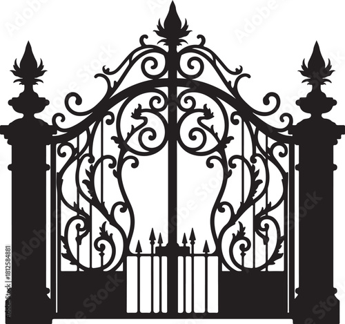 Ornate black wrought iron gate with decorative scrollwork