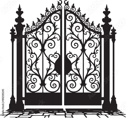 Ornate black wrought iron gate with decorative scrollwork