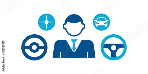 Driver Education Icons With Car And Steering Wheel Symbols vector illustration