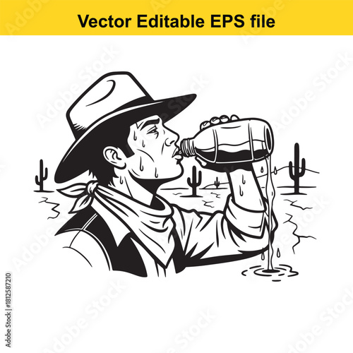 Black and white vector illustration of a thirsty cowboy wearing a hat and bandana drinking water from a bottle in the desert