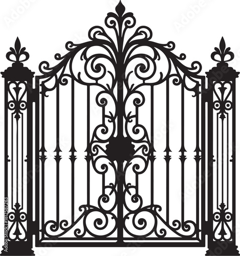 Ornate black wrought iron gate with scrollwork vector