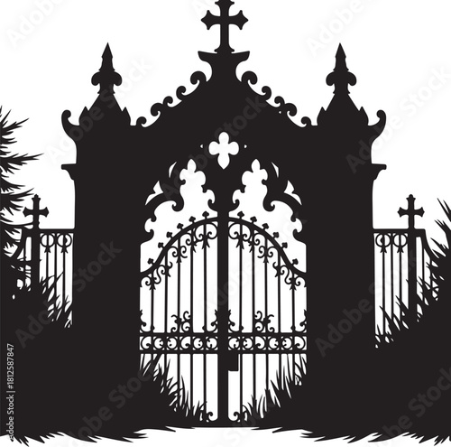Ornate Gothic Cemetery Gate Silhouette with Crosses and Grass