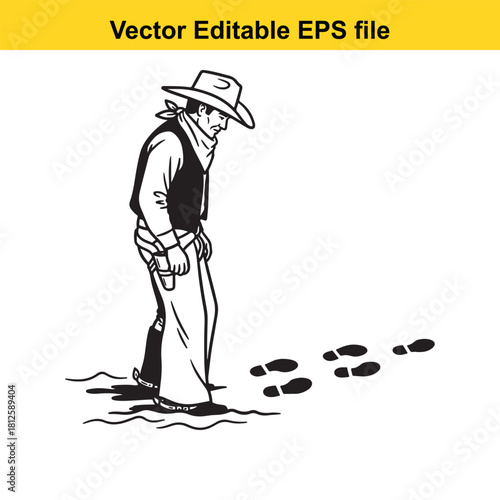 Black and white vector illustration of a lonely cowboy looking down at his own footprints in the mud or sand, isolated on
