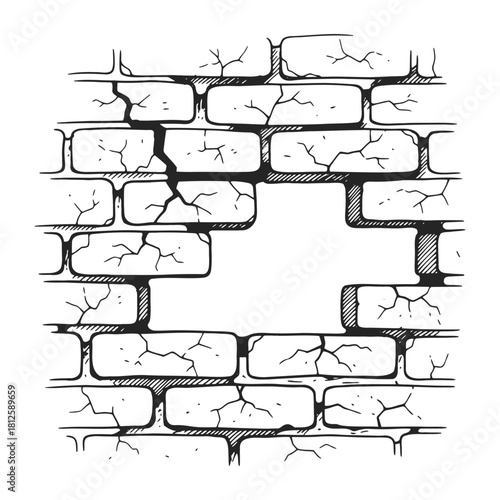 Hand drawn Outline Cracked Brick wall with Hole Illustration in Cartoon Style
