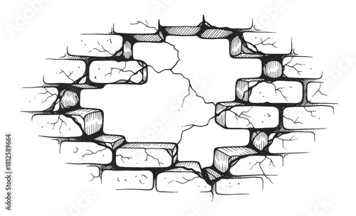 Hand drawn Illustration Broken Brick Wall with Hole Line Art Style