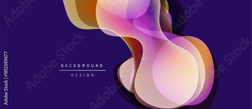 Abstract fluid shapes overlap, creating vibrant color gradients. Purple background enhances dynamic visual effect. Modern design element.