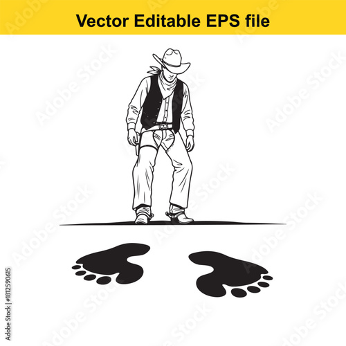 Black and white vector illustration of a cowboy standing over large footprints, isolated on