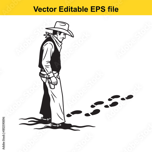Black and white vector illustration of a sad cowboy looking down at his own footprints in the dirt, isolated on