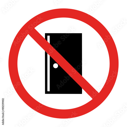 No trespassing sign with forbidden door symbol in red circle. No trespassing indication conveys restriction against unauthorized entry into private property.