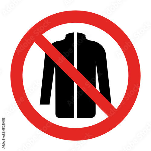 No jackets allowed sign with clear prohibition symbol highlighting mock jacket in red circle. No jackets warning promotes comfort and casual attire for indoor events and social gatherings.