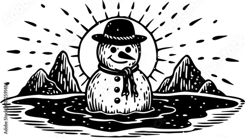 Melting snowman under sunlight with mountains in background. Snowman stands in water as sun rays shine around him, capturing a whimsical spring scene.