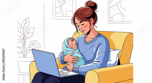 Mother balancing work with baby in cozy home setting. Mother interacts with laptop while cradling newborn, showcasing modern parenting. Concept of multitasking motherhood in relaxed environment.