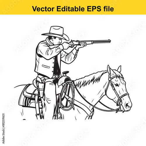 Black and white line art vector illustration of a cowboy riding a horse while aiming an old rifle, isolated on