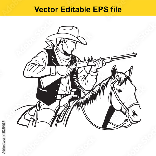 Black and white vector illustration of a determined cowboy wearing a hat and vest, aiming an old rifle while sitting on a horse, isolated on