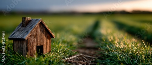 Wooden model house in a vast green field during sunset