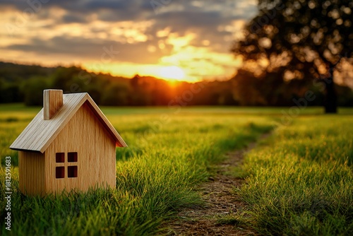 Sunset view with wooden house model on grassy field near a pathway