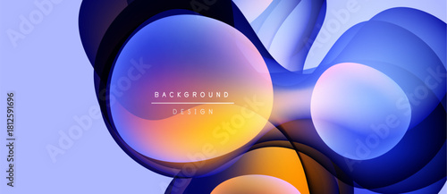 Abstract circles overlap, creating vibrant gradients. Blue, orange hues dominate design. Background features text elements. Modern, dynamic composition.