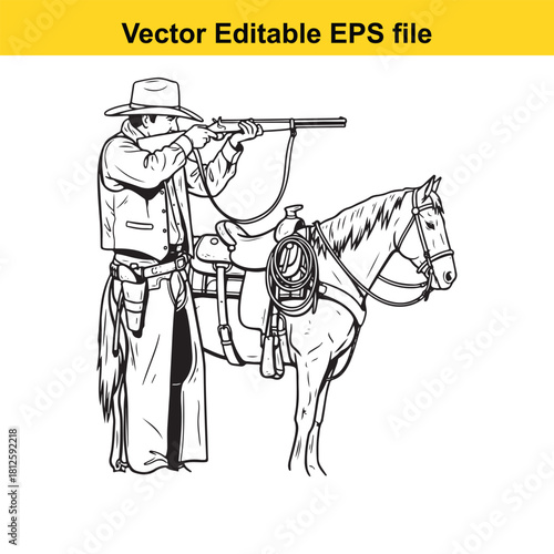 Black and white line art illustration of a cowboy in western attire aiming an antique rifle while standing next to his saddled horse, isolated on