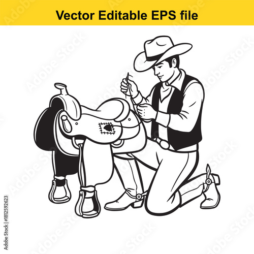 Black and white line art vector illustration of a cowboy kneeling and working on adjusting the stirrup leather of a western saddle isolated on